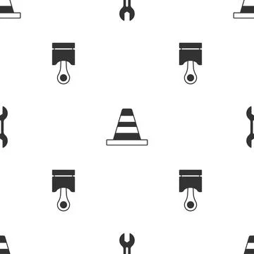 Set Wrench spanner, Traffic cone and Engine piston on seamless pattern. Vector 스톡 일러스트