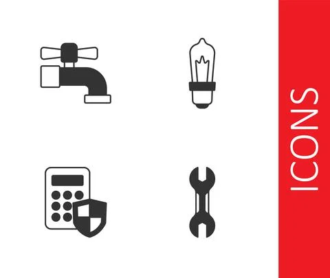 Set Wrench spanner, Water tap, Security keypad access panel and Light bulb icon 스톡 일러스트