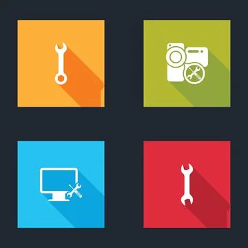 Set Wrench, Video camera service, Computer monitor and  icon. Vector Illustrazione stock