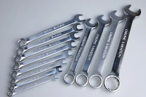 Set of wrenches. chromed tools for auto and construction. Foto stock