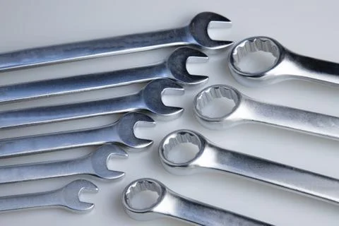 Set of wrenches. chromed tools for auto and construction. Foto stock