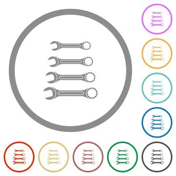 Set of wrenches flat icons with outlines Illustrazione stock