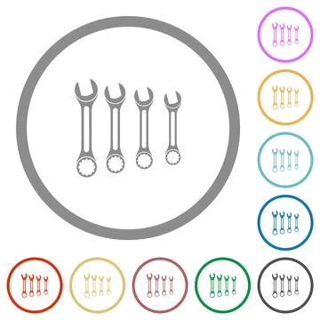 Set of wrenches flat icons with outlines Illustrazione stock