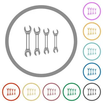 Set of wrenches flat icons with outlines Stock Illustration