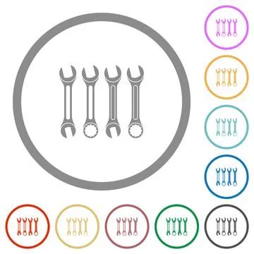 Set of wrenches flat icons with outlines Illustrazione stock