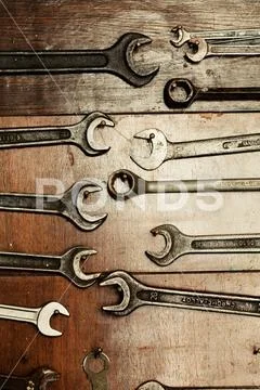 Set of wrenches hanging on a wall, do it yourself Stock Photos