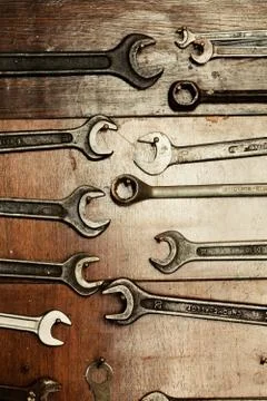 Set of wrenches hanging on a wall, do it yourself Stock Photos