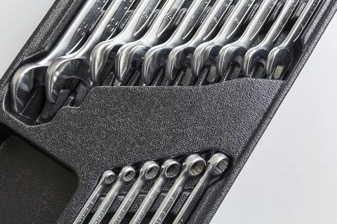 Set of Wrenches inside Toolbox, Keys and Spanners, Box with Set of Tools, Set Stock Photos