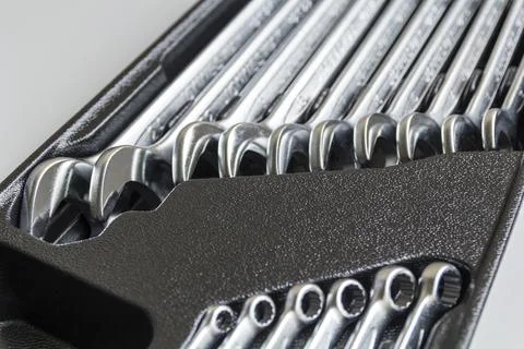 Set of Wrenches inside Toolbox, Keys and Spanners, Box with Set of Tools, Set Stock Photos