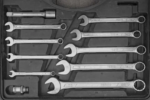 Set of wrenches in a large number of close-ups, selective focus. Old, rusty w Stock Photos