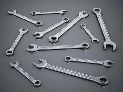 Set of wrenches standing on gray background. 3D illustration Stock Illustration