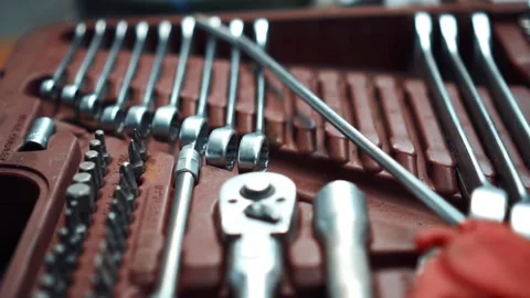 Set of wrenches in a workshop, car repair tool kit Stock Footage 133228911