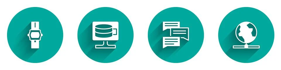 Set Wrist watch, Cloud database, Speech bubble chat and Global technology icon Stock Illustration