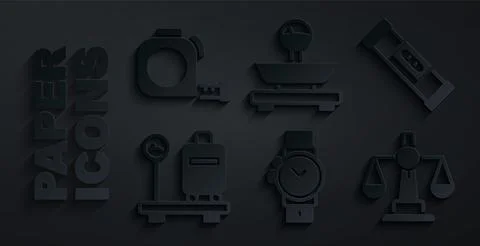 Set Wrist watch, Construction bubble level, Scale with suitcase, Scales of Stockillustratie