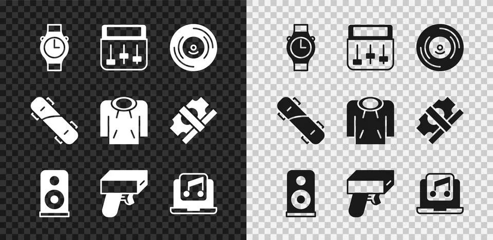 Set Wrist watch, Drum machine music, Vinyl disk, Stereo speaker, Money gun,.. Illustrazione stock