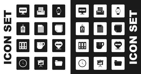 Set Wrist watch, File document, Identification badge, Location with text work Illustrazione stock
