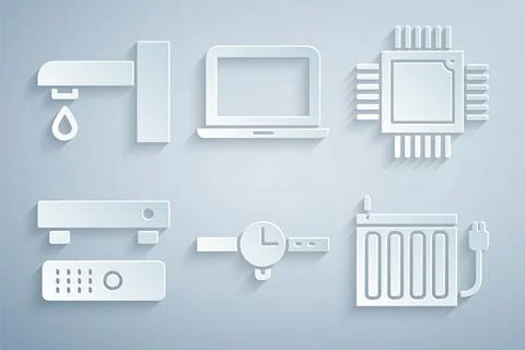 Set Wrist watch, Processor with microcircuits CPU, Multimedia and TV box Illustrazione stock