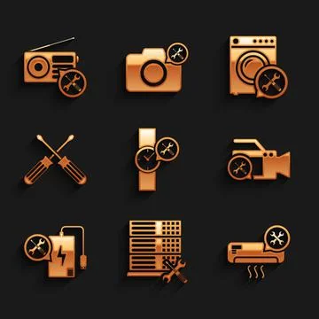 Set Wrist watch service, Database server, Air conditioner, Video camera, Power Illustrazione stock
