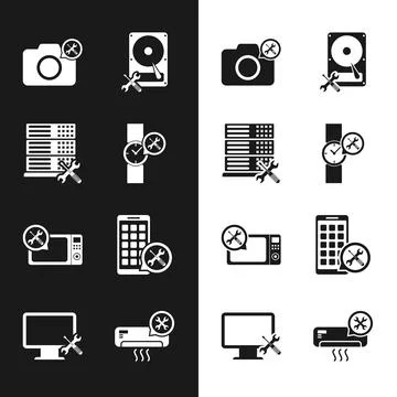 Set Wrist watch service, Database server, Photo camera, Hard disk drive Stock Illustration