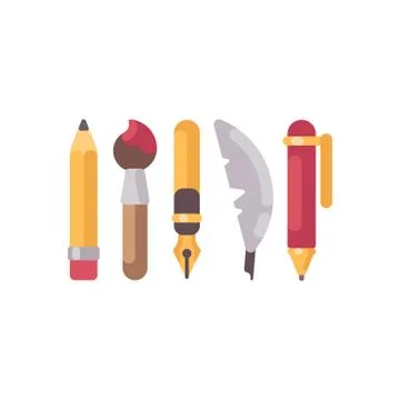 Set of writing and drawing tools flat icons. Pencil, pens, feather and paintb Stock Illustration