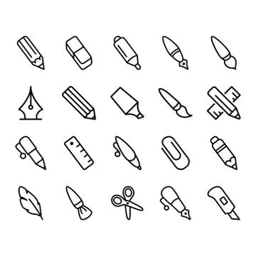 Set of writing tools Related Vector Lines Icons. Stock Illustration