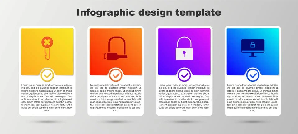 Set Wrong key, Bicycle lock, Lock and computer monitor. Business infographic Stock Illustration