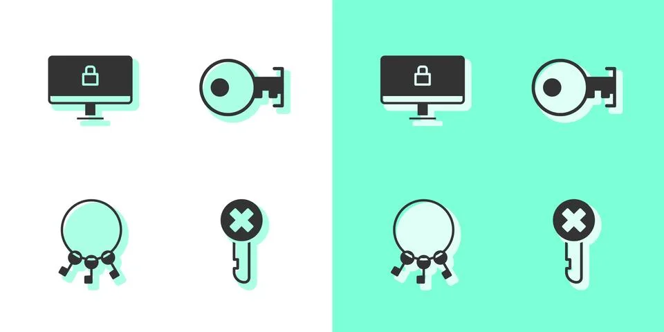 Set Wrong key, Lock computer monitor, Bunch of keys and Key icon. Vector 스톡 일러스트