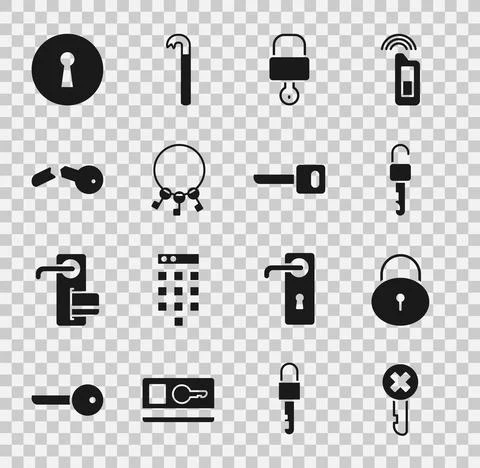 Set Wrong key, Lock, Unlocked, and, Bunch of keys, Broken, Keyhole and icon Stock Illustration