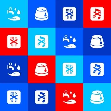 Set Wudhu, Turkish hat, Ramadan fasting and Speaker mute icon. Vector Ilustración de archivo