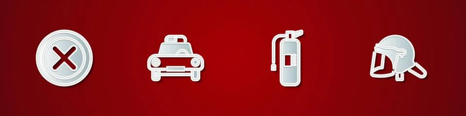 Set X Mark, Cross in circle, Police car and flasher, Fire extinguisher and Stock Illustration