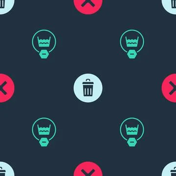 Set X Mark, Cross in circle, Trash can and Delicate wash on seamless pattern. Stock Illustration
