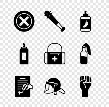 Set X Mark, Cross in circle, Baseball bat with nails, Pepper spray, Petition Stock Illustration