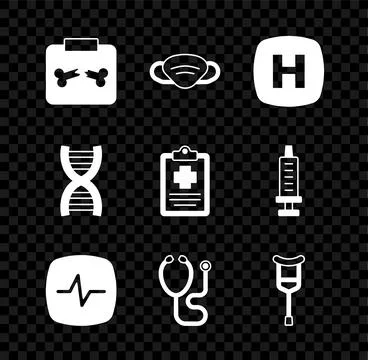 Set X-ray shots with broken bone, Medical protective mask, Hospital signboard Stock Illustration