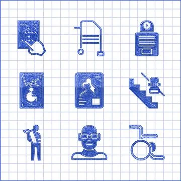Set X-ray shots, Poor eyesight, Wheelchair, Disabled elevator, Human broken arm Stock Illustration