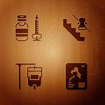 Set X-ray shots, Syringe, IV bag and Disabled elevator on wooden background.. Stock Illustration