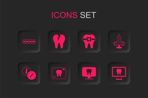 Set X-ray of tooth, Broken, Teeth with braces, Dental clinic location, Syri.. Stock Illustration
