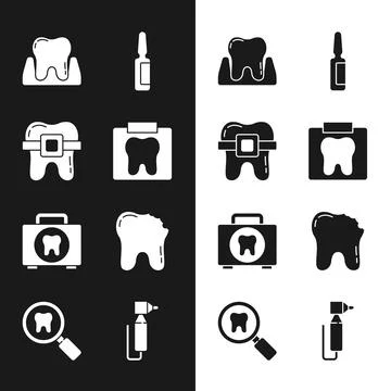Set X-ray of tooth, Teeth with braces, Tooth, Painkiller tablet, First aid kit Stock Illustration