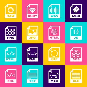 Set XLS file document, 3DS, JS, WAV, JPG and PNG icon. Vector Stock Illustration