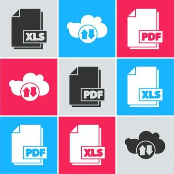 Set XLS file document, Cloud download and upload and PDF file document icon Illustrazione stock
