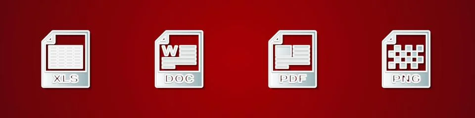 Set XLS file document, DOC, PDF and PNG icon. Vector Illustrazione stock