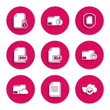 Set XLS file document, Document, Cloud with check mark, Delete folder, storage Stock Illustration