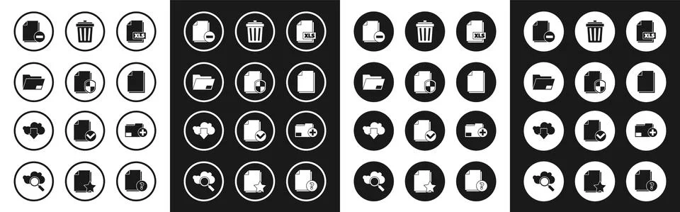 Set XLS file document, Document protection concept, folder, with minus, Trash Stock Illustration