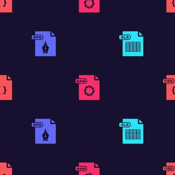 Set XLS file document, EPS, RAW and CSS on seamless pattern. Vector Illustrazione stock