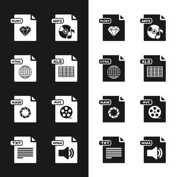 Set XLS file document, HTML, RUBY, MP3, RAW, AVI, WMA and TXT icon. Vector Stock Illustration