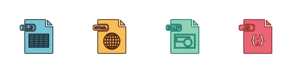 Set XLS file document, HTML, BMP and JS icon. Vector 스톡 일러스트