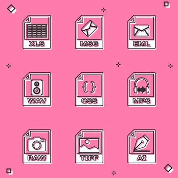 Set XLS file document, MSG, EML, WAV, CSS and MP3 icon. Vector Stock Illustration