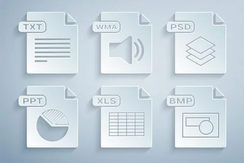 Set XLS file document, PSD, PPT, BMP, WMA and TXT icon. Vector Stock Illustration