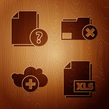 Set XLS file document, Unknown document, Add cloud and Delete folder on wooden Stock Illustration