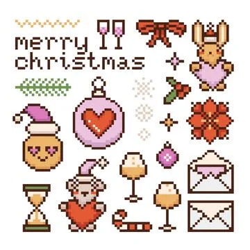 Set of xmas coquette pixel elements of Christmas tree branch, wineglasses 库存插图
