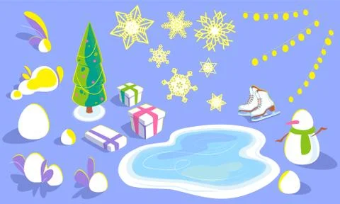 Set of xmas elements for concept design, illustrations, in isometric view Stock Illustration